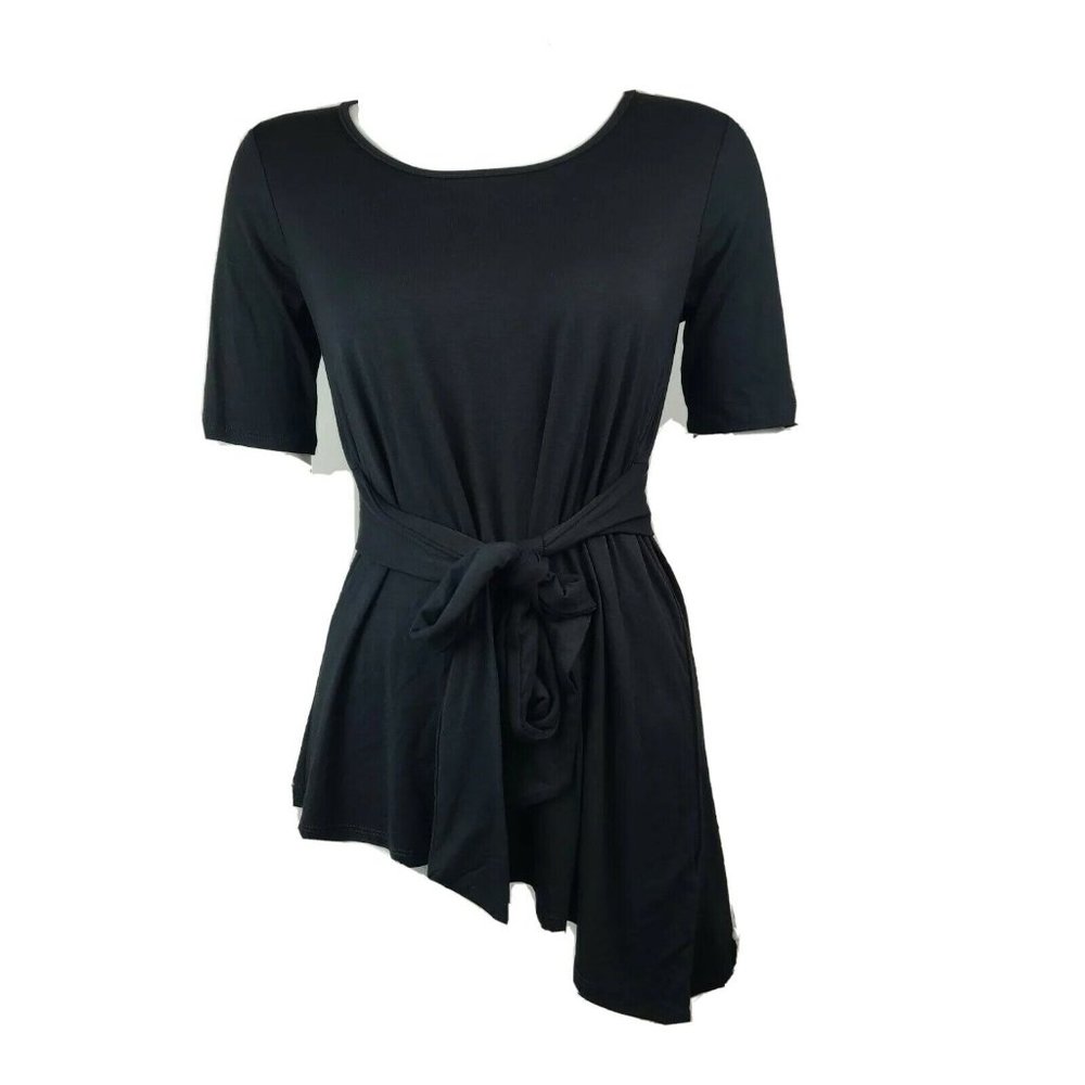 PIPHANY Solid All Black Tie Waist‎ Short Sleeve Top Womens Size XS